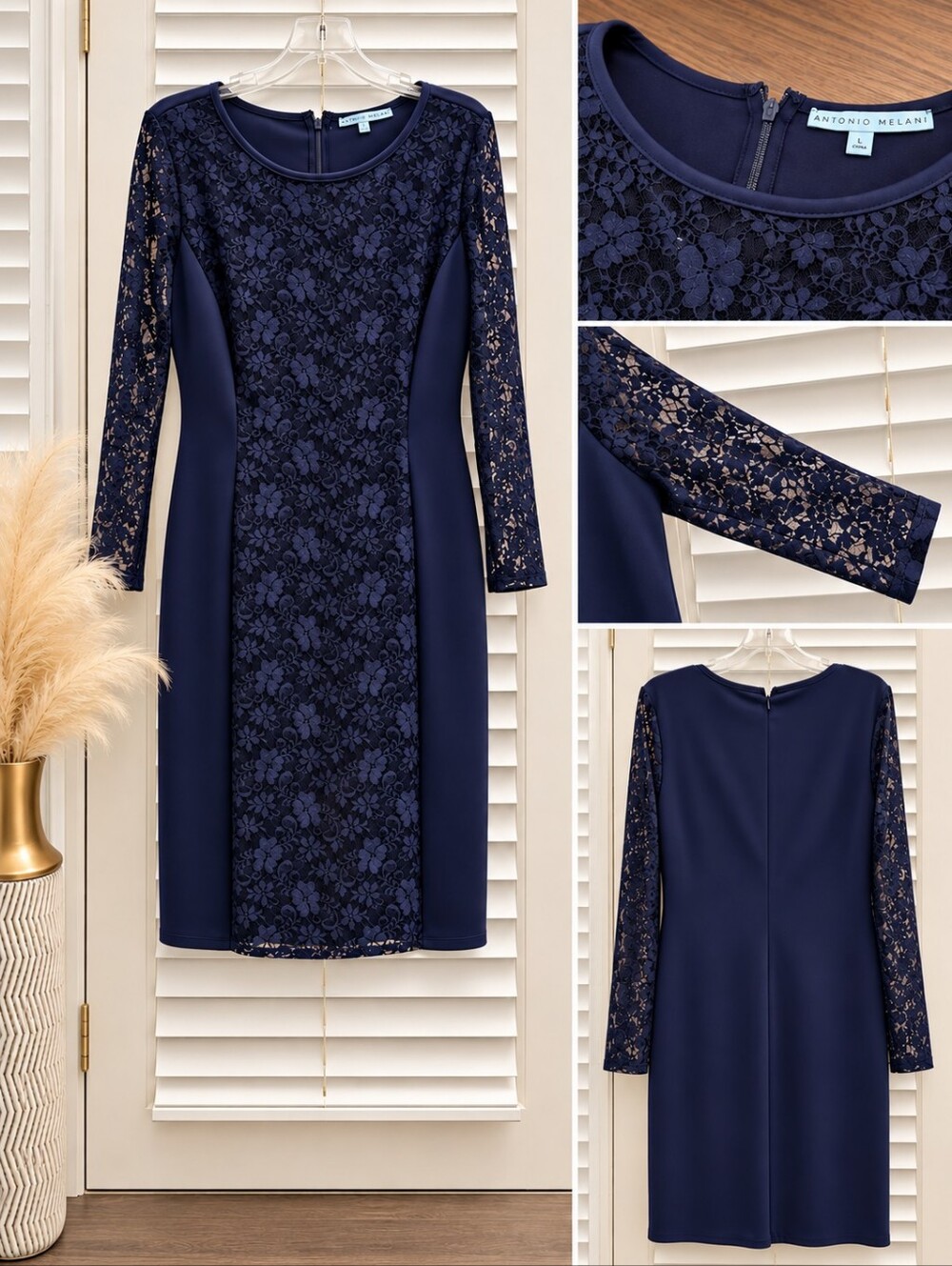 ANTONIO MELANI Navy Floral Lace Long-Sleeve Sheath Dress